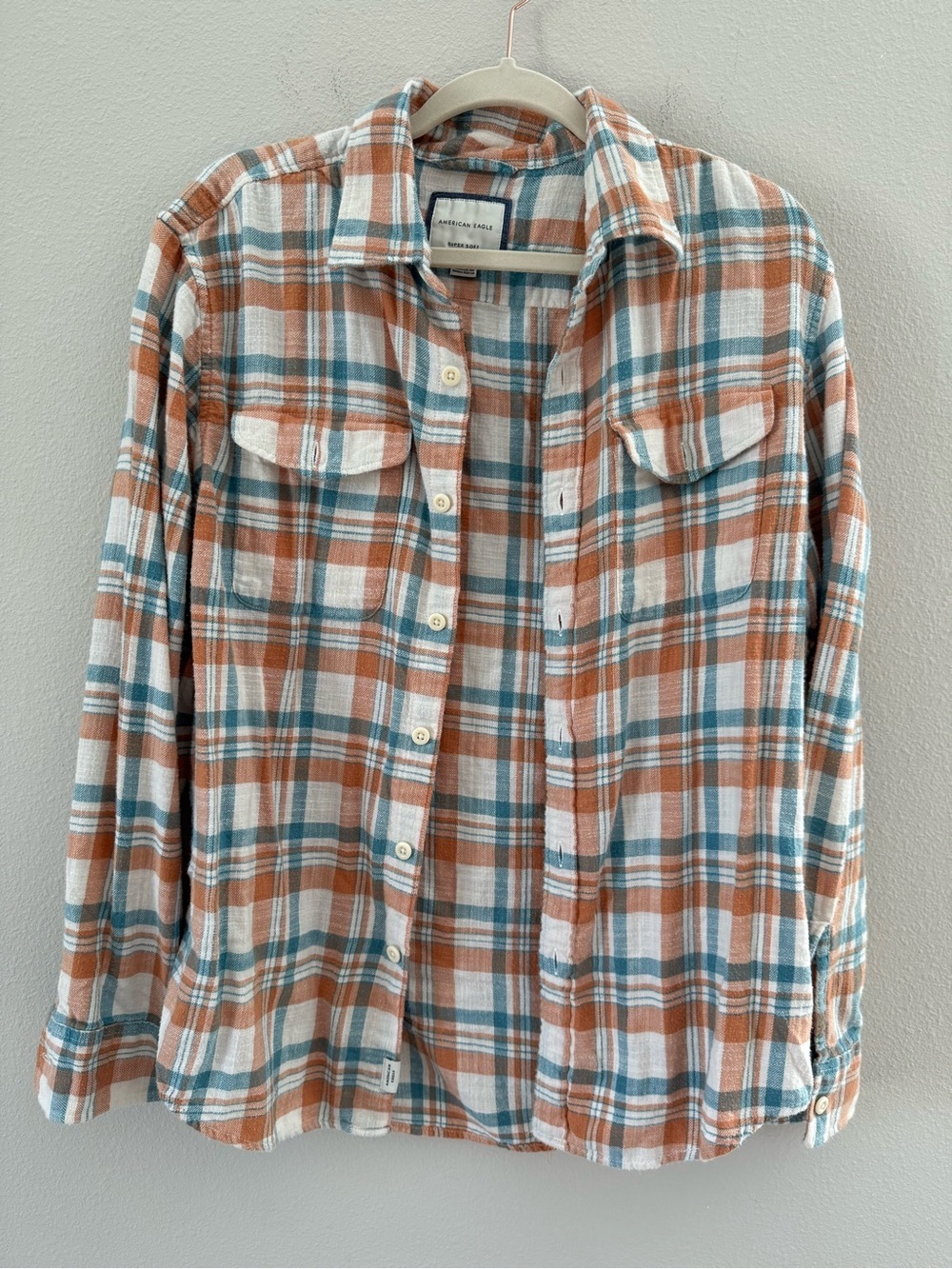 American Eagle Plaid Button Down Flannel Shirt Rust & Teal Medium